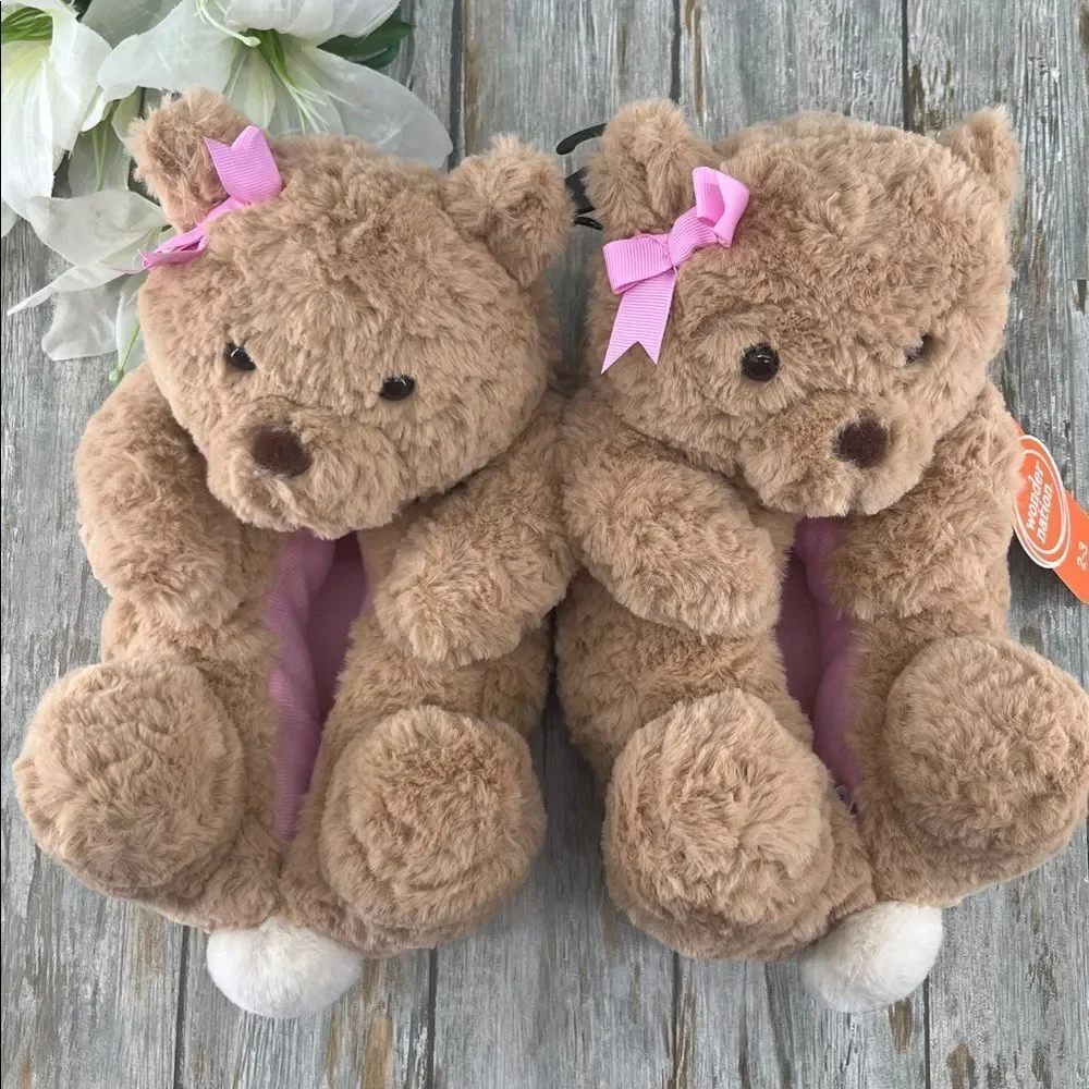 Little Girls Plush Teddy Bear Slippers Shoes Size 2-3